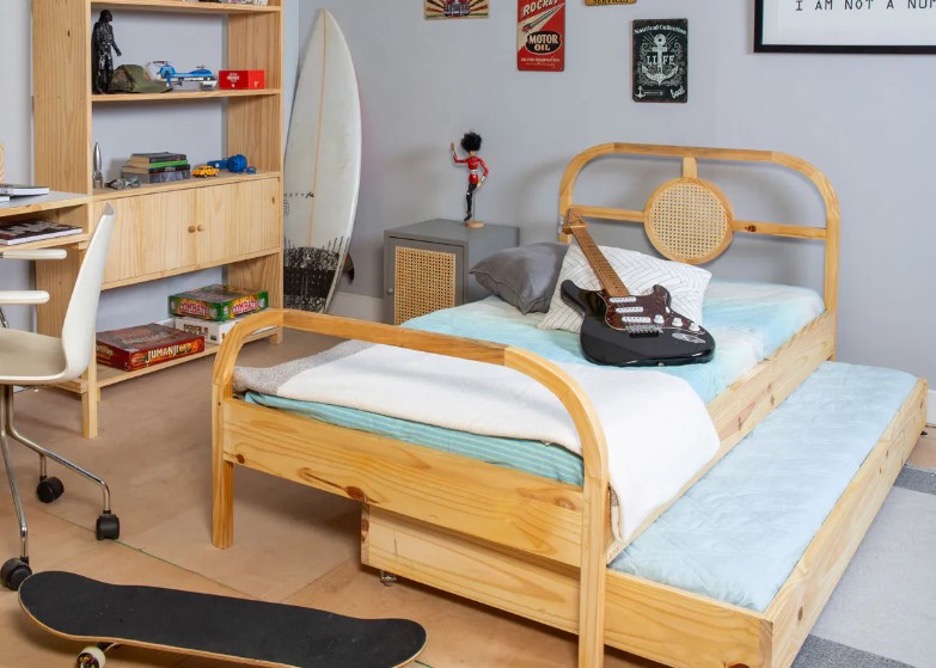 Cama de madeira moderna com Bicama ou cama auxiliar